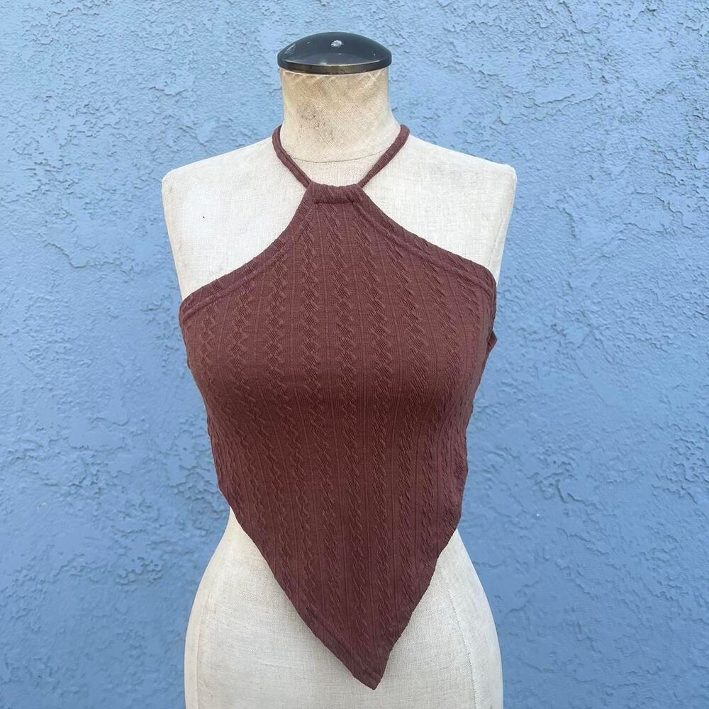 Y2k Festival Handkerchief top One size Women's Brown Tie Back Halter Crop-top - Picture 2 of 7